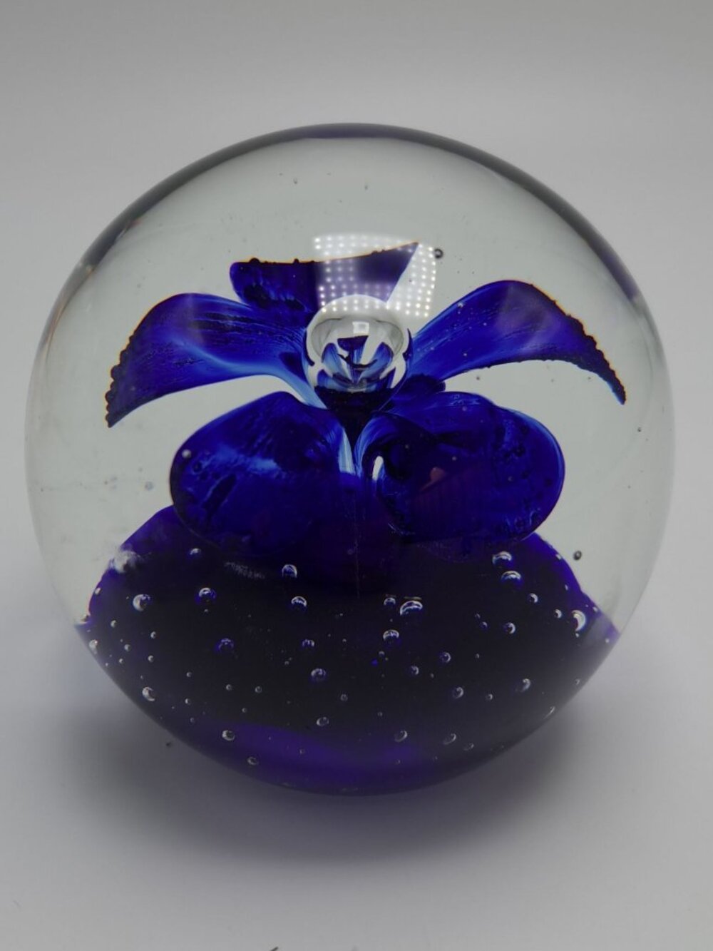 Handblown Cobalt Blue Glass Paperweight With Flower Design